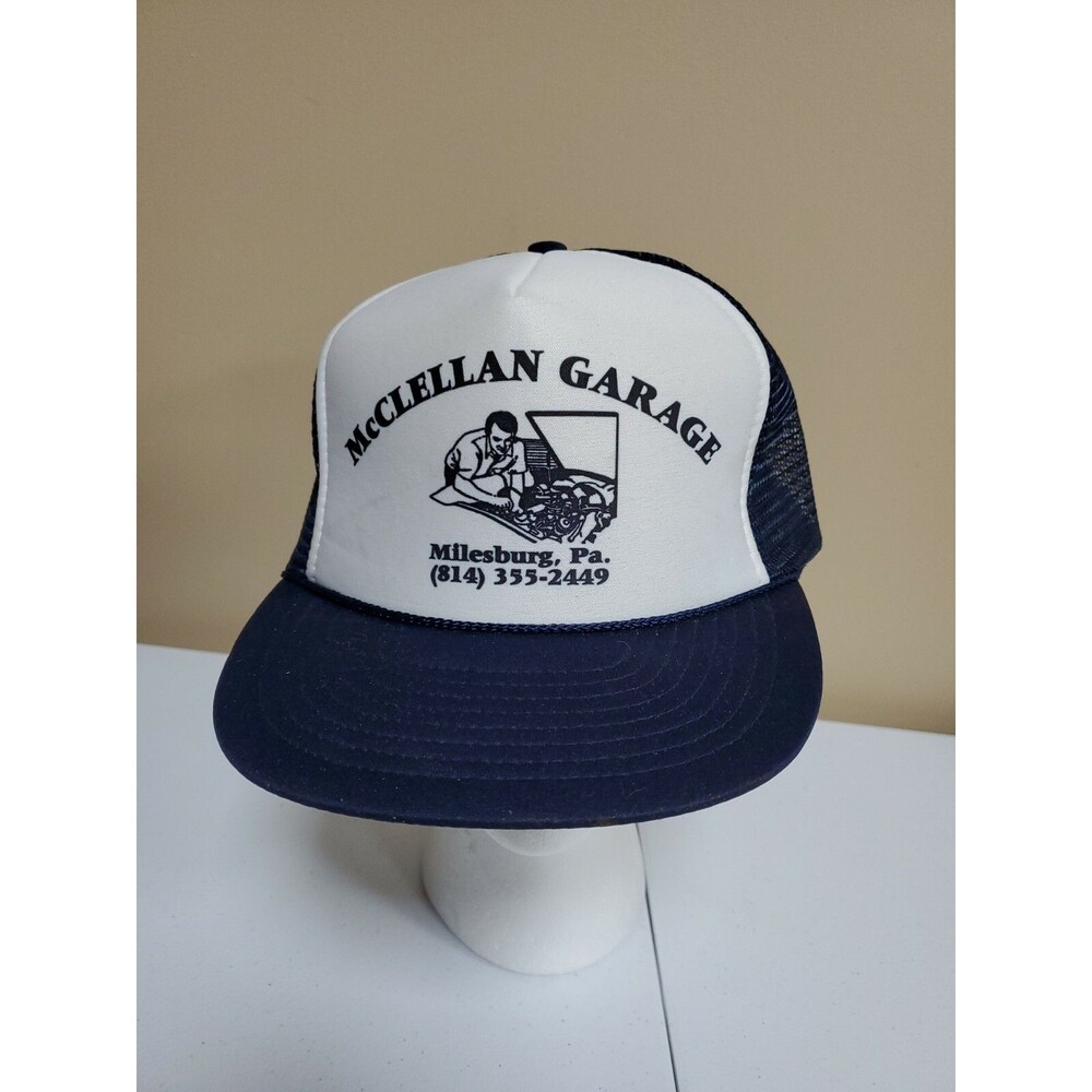 Vintage McClellan  Garage Trucker Hat Cap Mesh Snapback Milesburg Nissin Blue